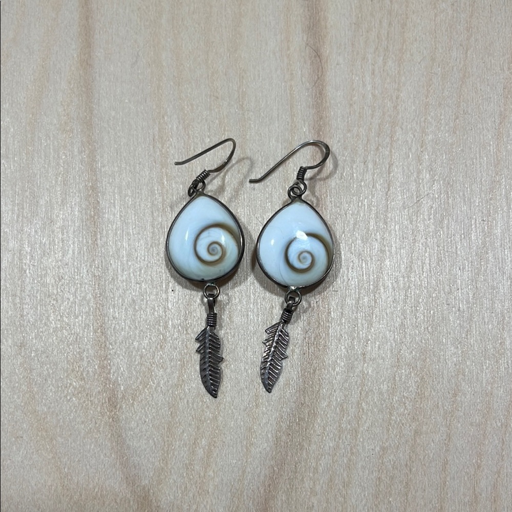 Elegant Shell and Silver Feather Earrings